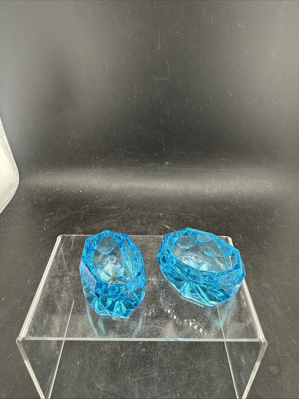 Vintage Aqua Blue Glass Salt Cellars Pair Faceted Starburst 1970's